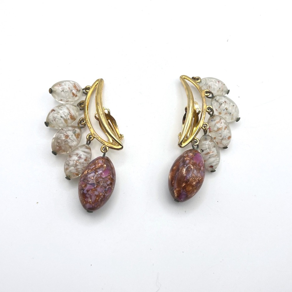 Schiaparelli Vintage Art Glass Clip On Earrings Gold Tone Pink Purple Speckled